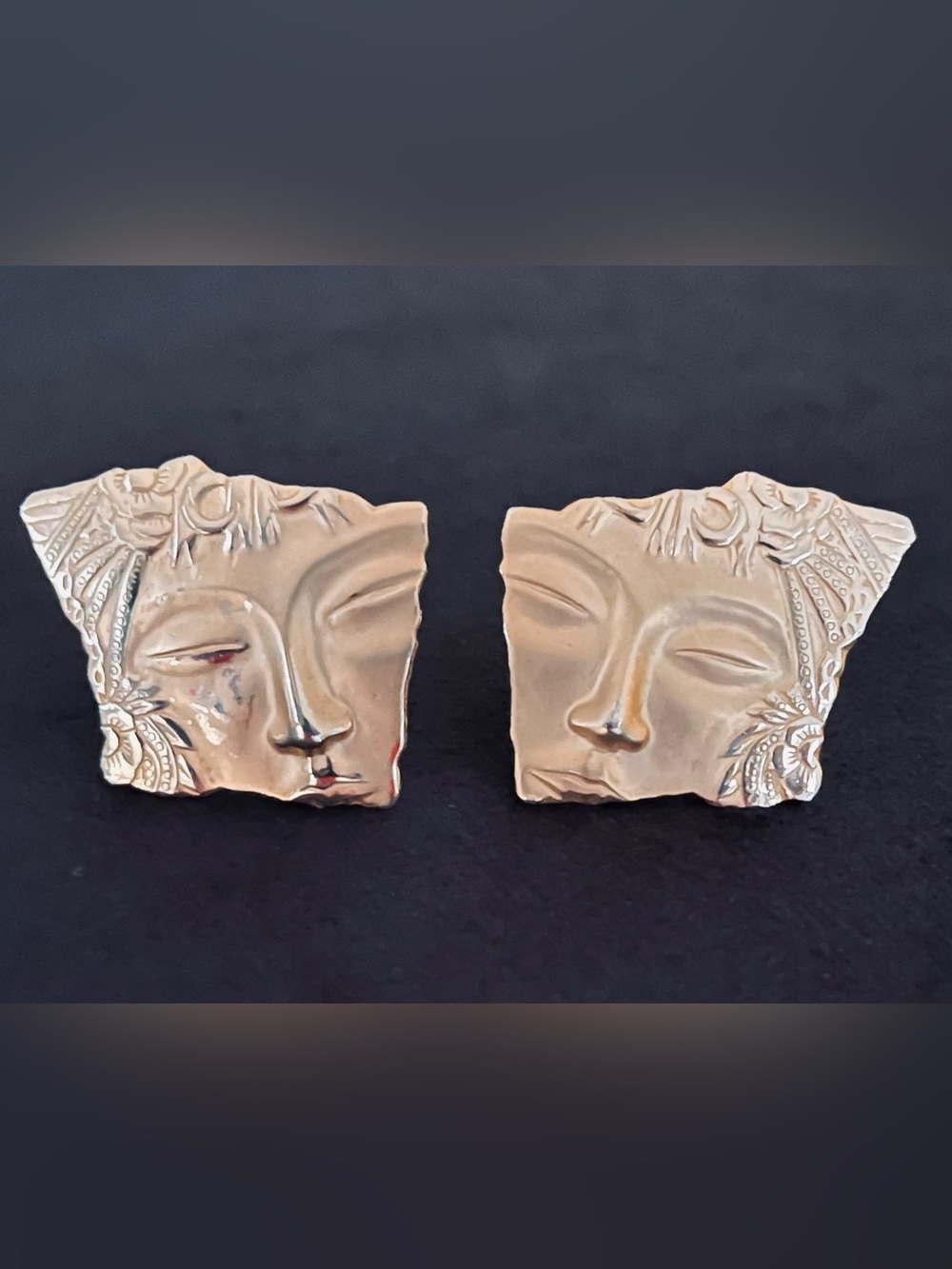 #134 Vintage Park Lane 1980’s Art Deco Style Gold-tone Face Mask Earrings